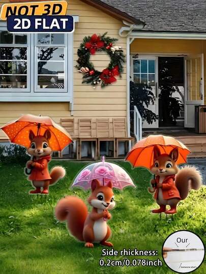 2D Flat, 3pcs 2D Flat Printed - Cute Squirrel Garden Stakes, Acrylic Outdoor Colorful Decor, Windproof And Weatherproof, No Power Or Battery Needed, Lawn And Potted Plant Markers, Suitable For Garden, Lawn And Yard Decor, Ideal Holiday Gift, 2D Flat