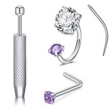Bộ 1 khuyên mũi bằng thép không gỉ và khuyên mũi hình chữ L đính đá Cubic Zirconia sáng bóng hình trái tim/tròn/sao, kèm dụng cụ xỏ khuyên và hướng dẫn vị trí, phù hợp cho cả nam và nữ, có thể đeo hàng ngày. - Nhiều màu - Xem 16