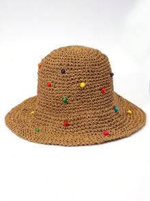 1顶女士波西米亚串珠编织草帽，春夏沙滩户外休闲度假防晒钩针帽 - 多色 - 查看 6