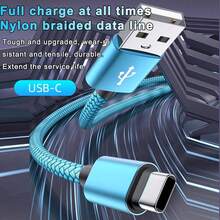 1pc Colorful Braided USB To Type-C Fast Charging Data Cable | Durable Nylon Material, Tangle-Free, Supports Data Sync And Rapid Charging, 8 Fashionable Color Options, Compatible With Android Phones, Power Banks And Other Devices - Multicolor - View 2