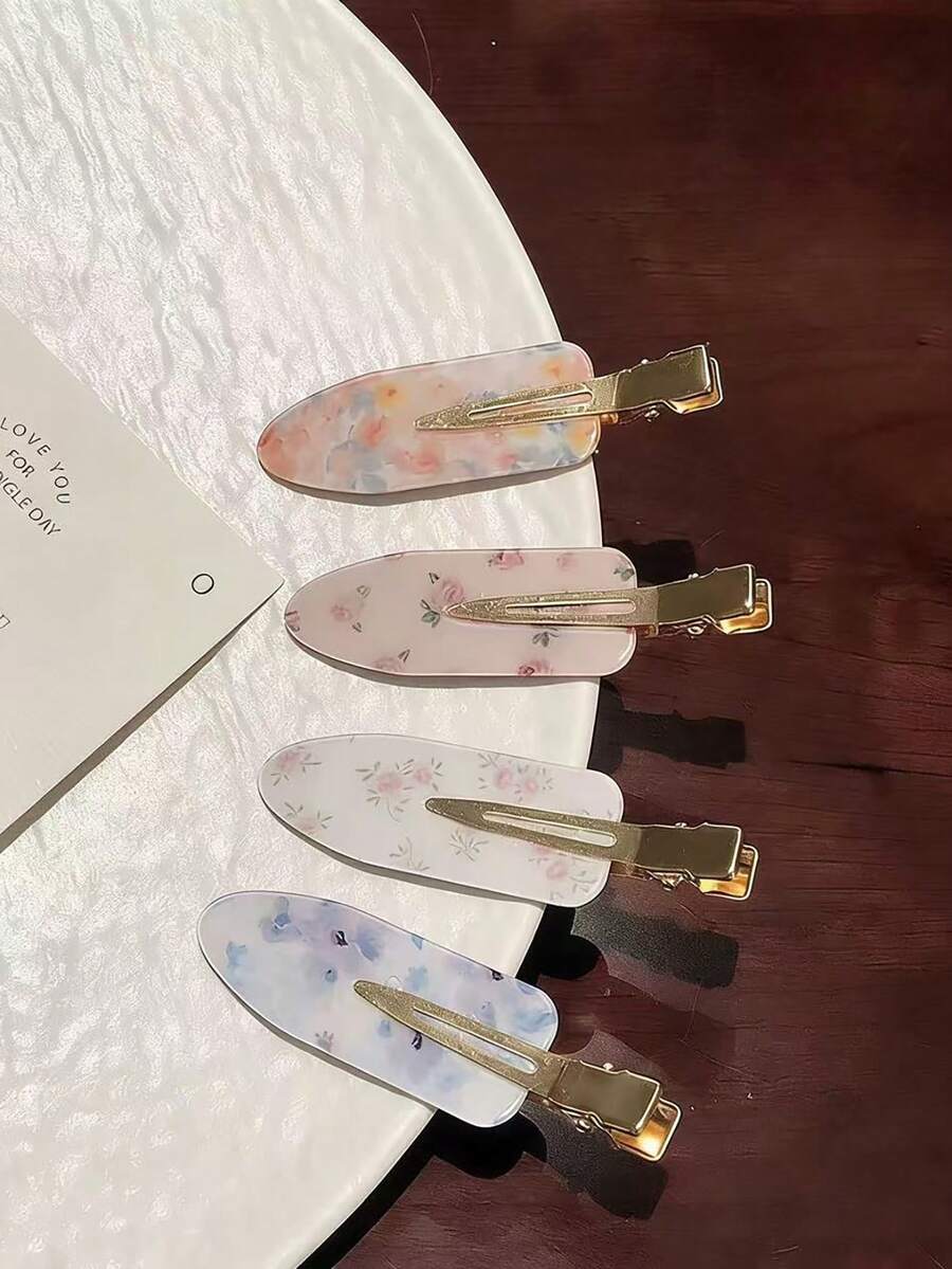 4入組粉色花卉防皺髮夾，可愛水墨花紋不彎曲髮夾，復古髮飾，適合女性日常配戴
