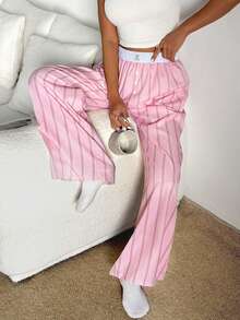Nina Bonheur 1pc Women Striped Elastic Waist Wide Leg Lounge Pants - Pink - View 5