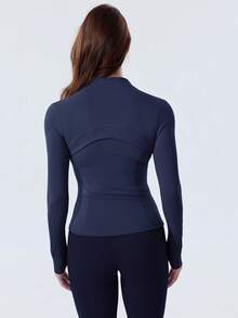 Women's Slim Fit Workout Jacket Zip-Up 4-Way Stretch Thumb Hole Multi Pocket Athletic Activewear Top - Xanh hải quân/Vàng thật - Xem 4