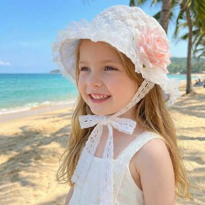 1pc White Lace Flower Girls Sun Hat, Breathable UV Protection Princess Style Embroidered Children Cap