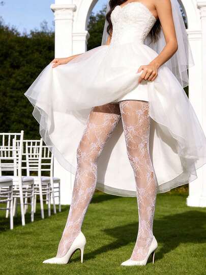 1 Pair White Lace Fishnet Opaque Tights French Fashion Sexy Hot Style For Women Daily Commute Date Night Party Wedding Season