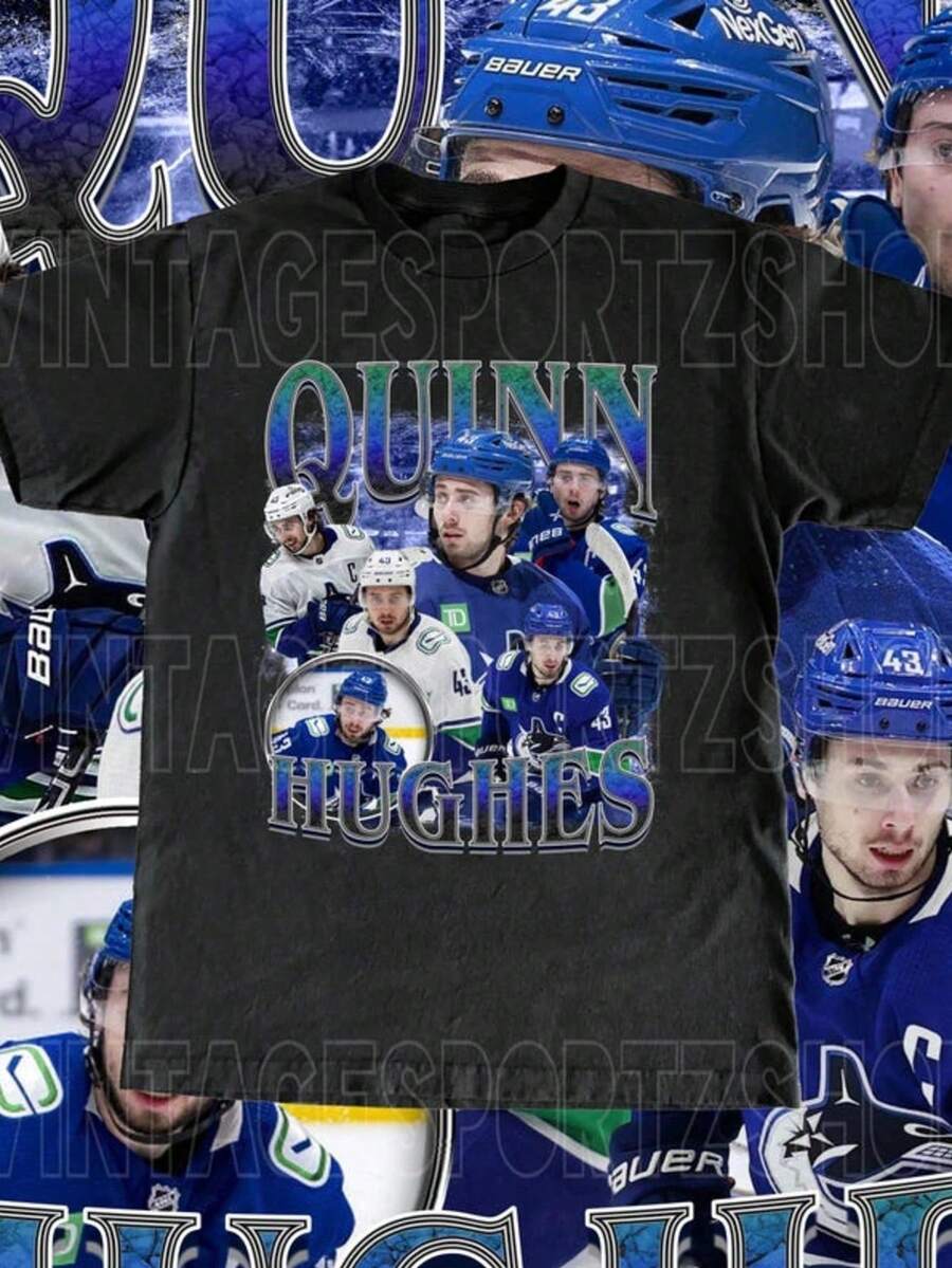 Local -65 Vintage Quinn Hughes Shirt - Adult Kids Sizes Custom Vintage Design High Quality Tee Player Fan Gi - màu đen - Xem 1