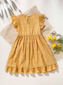 Young Girl Plain Round Neck Ruffle Casual Vacation Dress - Ginger - View 2