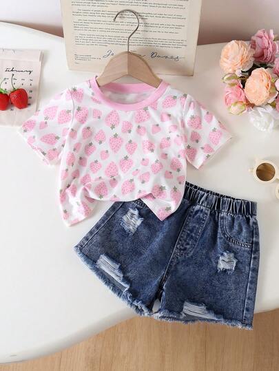 2pcs/Set Toddler Girls' Casual Cute Strawberry Print Round Neck T-Shirt And Loose Distressed Vintage Denim Shorts Set, Comfortable And Fashionable Streetwear