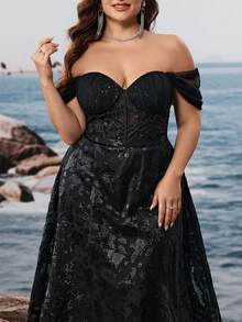 BluePlum Plus Size Women's Corset Fishbone Handmade 3D Flower Sequin Off Shoulde A Line Dress For Elegant Wedding Formal Party Wedding Guest Evening Gown Black - Black - View 6