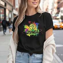 Women's Zumba Graphic Print Cotton T-Shirt, Short Sleeve Round Neck Casual Tee Top, Loose Fit Workout Activewear, S-5XL Plus Size, Colorful Splash Design, Comfortable Soft Fabric, Perfect For Gym Fitness Dance Exercise- Unisex Loose Cotton Short Sleeve Crew Neck T-Shirt - 黑色 - 查看 1
