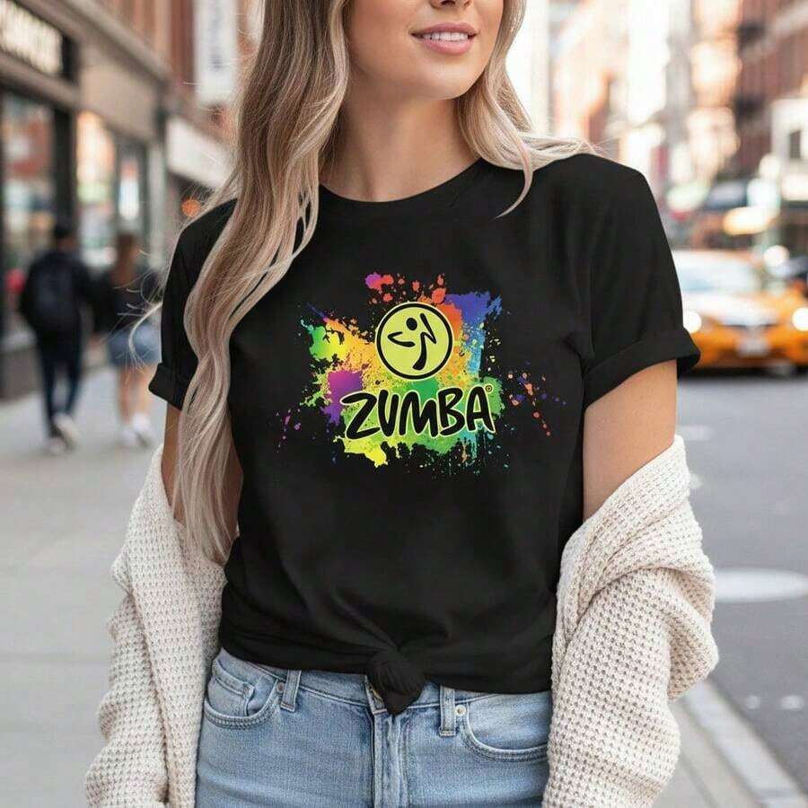 Women's Zumba Graphic Print Cotton T-Shirt, Short Sleeve Round Neck Casual Tee Top, Loose Fit Workout Activewear, S-5XL Plus Size, Colorful Splash Design, Comfortable Soft Fabric, Perfect For Gym Fitness Dance Exercise- Unisex Loose Cotton Short Sleeve Crew Neck T-Shirt - 黑色 - 查看 1