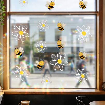 1/2片向日葵、蜜蜂和雏菊彩色玻璃窗贴，可重复使用的PVC静电吸附，适用于商店橱窗、厨房、卧室、客厅和充满活力的家居装饰。