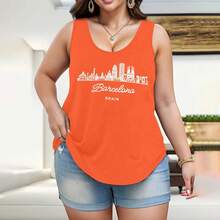 Camiseta de tirantes con cuello de pico y gráfico de la silueta de la ciudad de Barcelona, España, para tallas grandes - Naranja - Ver 1