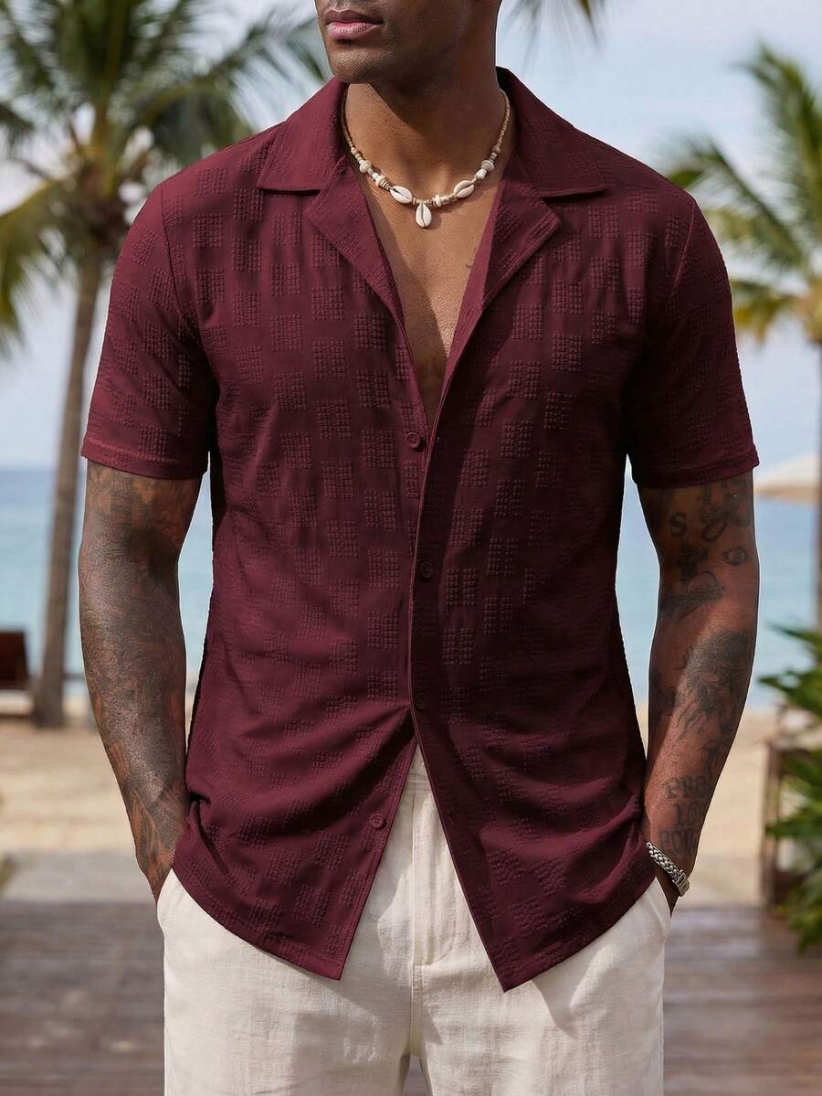 URRU Men's Casual Button Down Shirt Short Sleeve Jacquard Shirt Plaid Vacation Summer Beach Shirts - 酒紅色 - 查看 1