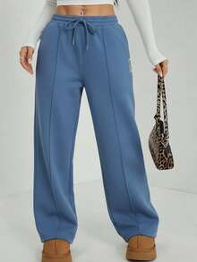 女士户外运动裤，休闲直筒裤，抽绳松紧腰长裤，适合春、夏、秋季户外活动、跑步、健身、聚会等场合。 - 藍色 - 查看 4