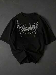 Camiseta de manga corta de cuello redondo con estampado gótico y corte holgado para hombre - Negro - Ver 3