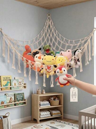 Hamaca de red suave de estilo bohemio para almacenamiento de muñecas, red colgante de esquina para juguetes de peluche, almacenamiento colgante de muñecas de peluche con flecos y ganchos - ideal para uso en dormitorio, decoración de alpaca y regalos, suministros para cumpleaños y graduación