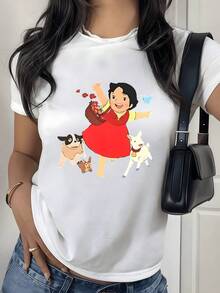 Niña feliz con vestido rojo repartiendo flores y acompañada de animales del bosque que simbolizan la libertad y la ternura camiseta de mujer casual 220g cuello redondo cómoda - Blanco - Ver 8