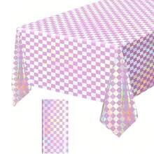 1 Pack Pink & Rainbow Plaid Disposable Holographic Foil Tablecloth, Plastic Laser Rectangle Tablecloth Suitable For Picnic, Birthday Party, Racing Event - Multicolor - View 2