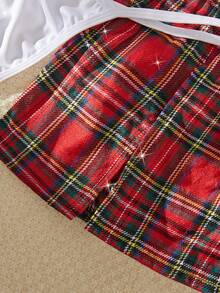 4pcs/Set Valentine's Day Gift Sexy Lingerie Set For Women, Including Halter Neck Sleeveless Top, Slit Plaid Mini Skirt, Solid Color Thong, Comfortable Sleepwear, Seductive Intimate Set, Party Outfit - Red - View 6