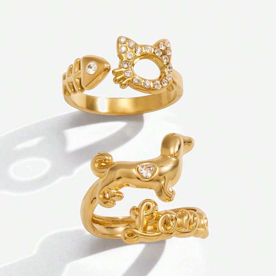 精致甜美的18K金不锈钢锆石猫狗钛钢戒指，小众高端珠宝 - 彩色 - 查看 1