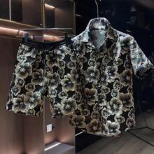 Embossed Gold Flower Short Sleeved Shirt Shorts Two-Piece Set For Men's Summer Cool And Loose Fitting Shirt Set - 黑色 - 查看 1