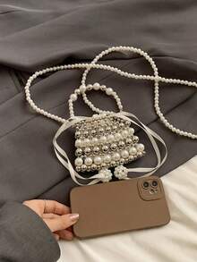 Women's French Style Pearl Handbag, New Handmade Beaded Shoulder Crossbody Bag - Silver - View 7