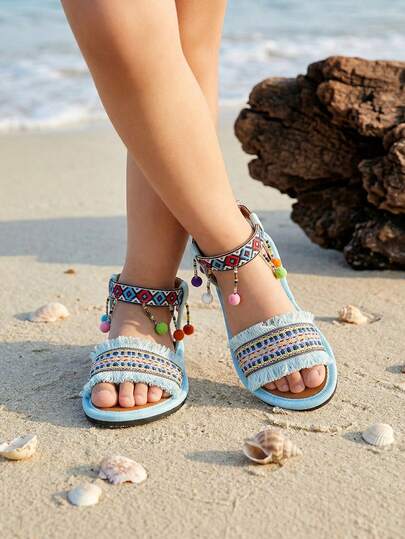 1 Pair Pom Pom Blue Girls Sandals, Colorful Pom Pom Pendant Tassel Children Flat Sandals, Open Toe, Closure Kids Sandals Suitable For Beach Vacation, Birthday Party, Weekend Outing, Events