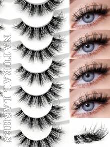 ENCHUW 7 Pairs Natural Curly Cat Eye Transparent Stem False Eyelashes, Suitable For Beginners Daily Use, False Eyelashes - Black - View 1