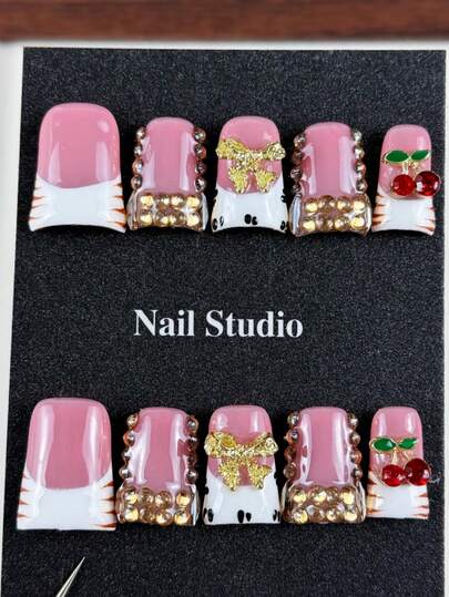 10 bucăți de unghii false, de înaltă calitate, dulce și cool, model zebră pictat manual, fundă tridimensională, cireșe, diamante rotunde orbitoare, ideale pentru ieșiri de primăvară, pentru camping la cort și picnicuri în parc, precum și activități festive - autocolante pentru unghii