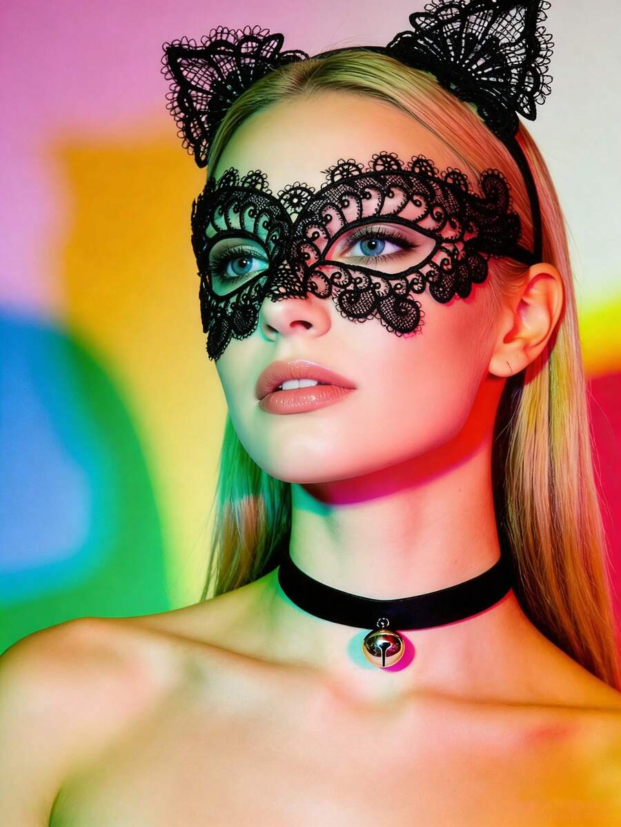 3pcs Lady Cat Theme Set (Cat Headband, Lace Eyeshade, Bell Collar) - Suitable For Female Pet Costumes, Cat-Themed Makeup Party - Multicolor - View 1