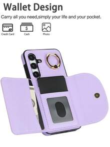 PU 人造皮革手機殼，相容 Galaxy A17 A56 A36 A26 A16 A55 A35 A15 A54 A14 A73 A53 A13 A72 A52 A71 A51 4G 5G，附環形支架，RFID 防盜錢包手機殼，相容 Galaxy S26 S25 Edge S24 S23 S22 S21 FE Plus Ultra，附支架、卡槽卡夾保護殼 - 紫色 - 查看 5