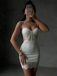 Sexy & Elegant V-Neck White Lace Sheer Bandage Mini Dress, Suitable For Outings, Weddings, Galas, Cocktail Parties And Other Occasions, Women's Dress Party - White - View 5