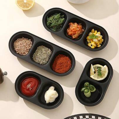 2pcs Black Divided Condiment Bowls, Plastic Material Oval Shaped Appetizer Tray, Reusable, Dishwasher , Suitable For Soy Sauce, Seasonings, Snacks, Party, Kitchen, Sushi, Desserts, BBQ