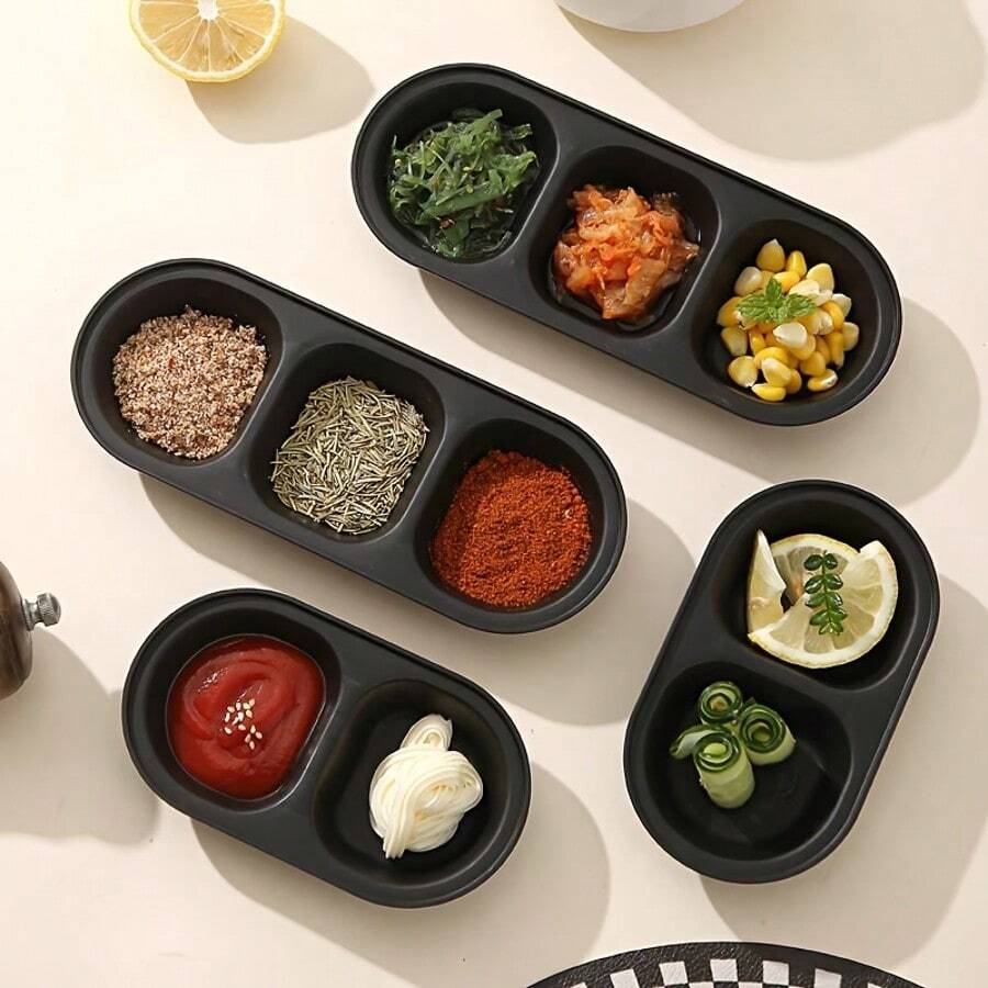 2个黑色分隔调味碗，塑料材质，椭圆形开胃菜托盘，可重复使用，可用洗碗机清洗，适用于盛放酱油、调味料、小吃、派对、厨房、寿司、甜点、烧烤等。 - 彩色 - 查看 1