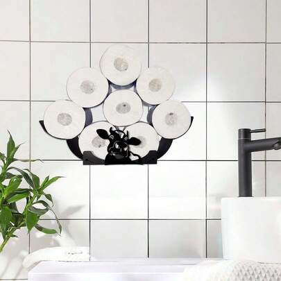 Cow-Shaped Toilet Paper Holder With 8 Extra Rolls, Wall-Mounted Decorative Metal TP Organizer, Powder Coated Finish, Forrest Iron, Easy Installation With Pre-Drilled Holes
