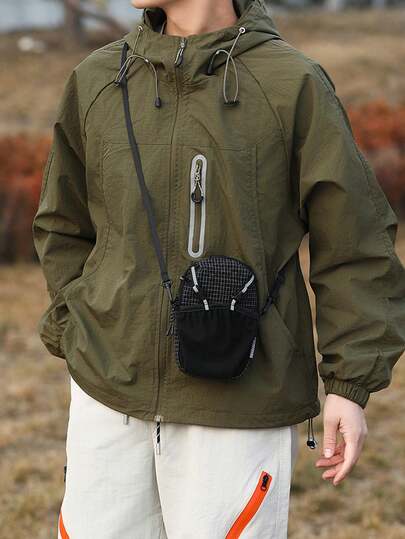 时尚格子拼接男士斜挎包，迷你反光收纳袋，多功能可拆卸肩带斜挎包，便携式手机收纳袋，适合旅行、户外、运动