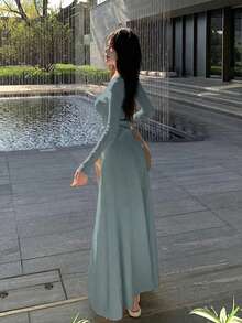 Y6Y 2025新款法式浪漫针织上衣长裙两件套，舒适优雅，适合早春和秋季穿着。 - 霧霾藍 - 查看 9