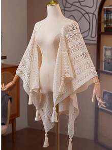 佩斯利花纹休闲镂空钩针披肩，通勤防晒外套，修身镂空针织斗篷，百搭披肩，沙滩度假必备 - 杏色 - 查看 9