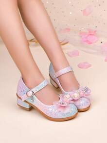 Girls' Glitter Bow High Heel Mary Jane Shoes, Children's Party/Performance/Daily Wear - Pink - View 2