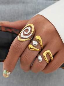 Bộ 3 chiếc nhẫn thép không gỉ hình xoắn ốc có thể điều chỉnh, kiểu đóng gói bện, nhẫn ngón cái có thể điều chỉnh kích thước lớn, quà tặng trang sức thời trang phù hợp cho vợ/bạn gái, quà Giáng sinh/Ngày Valentine. - Màu vàng và bạc pha trộn - Xem 4