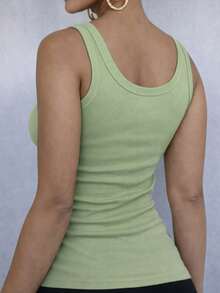 Women's Ribbed Tank Top With Square Neckline, U-Shaped Wide Straps, Premium Comfortable Ribbed Knit - Màu xanh Bạc hà - Xem 5