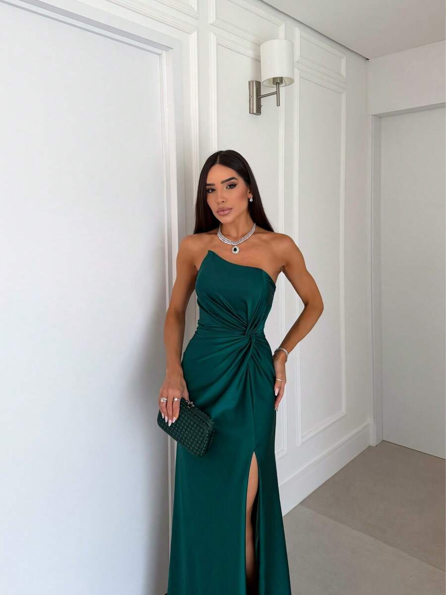 Long Strapless Formal Dress With An Elegant Knot, Perfect For Bridesmaids, Graduation, Or Weddings. - 翡翠綠 - 查看 1