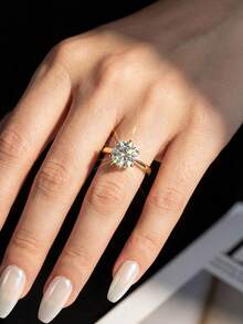 1 Chiếc nhẫn bạc S925 cổ điển 6 chấu đính kim cương tròn Moissanite 1CT dành cho nữ, thích hợp làm nhẫn cưới, nhẫn đính hôn, nhẫn kỷ niệm, nhẫn dự tiệc, quà tặng ngày Valentine. - Vàng - Xem 4