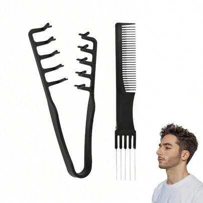 2 Pieces Textured Styling Comb Set – Includes A Wide-Handmade Hair Pick Barber Comb Carbon Fiber Lift Teasing Comb With Stainless Steel Metal Prong And A Double-Sided Volumizing Tousleriane Textured Comb. This Unisex Textured Comb Is Perfect For Sectioning And Styling Bangs. It's Ideal For Creating Soft, Korean-Style Volume, Voluminous Bangs, Or Bold Western-Style Waves.