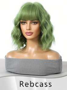 Perruque élégante bouclée courte pour femmes - cheveux synthétiques au look naturel, polyvalente pour toutes les occasions. Perruque bouclée ondulée courte de 12 pouces blanc/rouge clair/rouge/vert clair avec frange. Cheveux synthétiques doux et naturels parfaits pour les débutants et diverses occasions. Fibre résistante à la chaleur pour le cosplay, le style anime, avec un bonnet rose. Idéal pour les fêtes et événements des femmes, accessoire de cheveux anime - Herbe verte - Voir 2