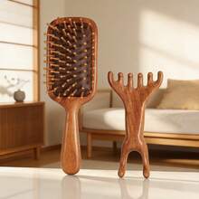 2pcs/Set Natural Sandalwood Air Cushion Massage Comb + Sandalwood Nose Massager Set, Scalp Care Anti-Static Wood Comb, Sandalwood Air Cushion Massage Comb, Facial Acupressure Massage Tool, Home & Travel Massage Kit - Cushion Comb + Nose Trimmer - View 1