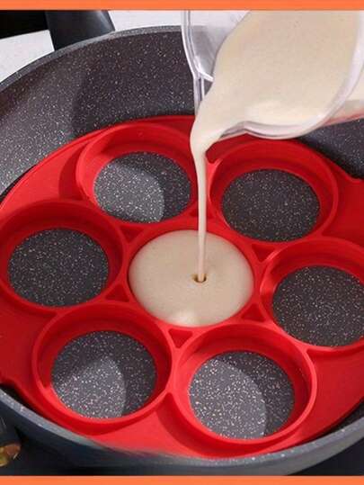 1个硅胶不粘煎饼和鸡蛋制作器 - 7杯圆形烹饪工具，轻松烘焙和煎炸，红色，厨房必备，迷你煎饼器
