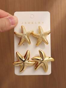 4-10pcs Fashionable Geometric Starfish Multi-Element Gold Metal Earring Set, Women's Stylish Earring Set, Suitable For Daily Wear - Gold - View 5
