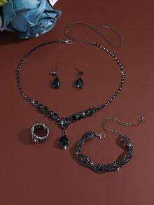 5pcs Minimalist Floral Design Jewelry Set: Teardrop Pendant Necklace + 1 Pair Earrings + Bracelet + Ring. Party, Wedding, Graduation Gift - Multicolor - View 4